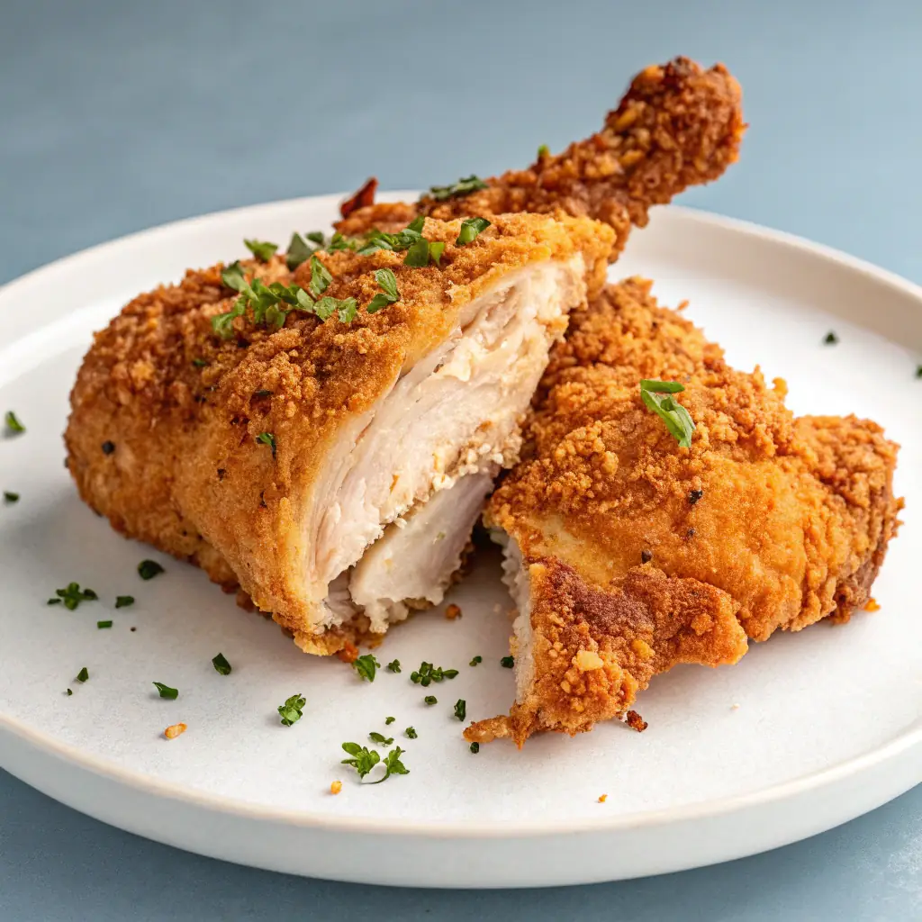 A close-up shot of golden-brown fried chicken with crispy skin, served with creamy mashed potatoes and gravy.