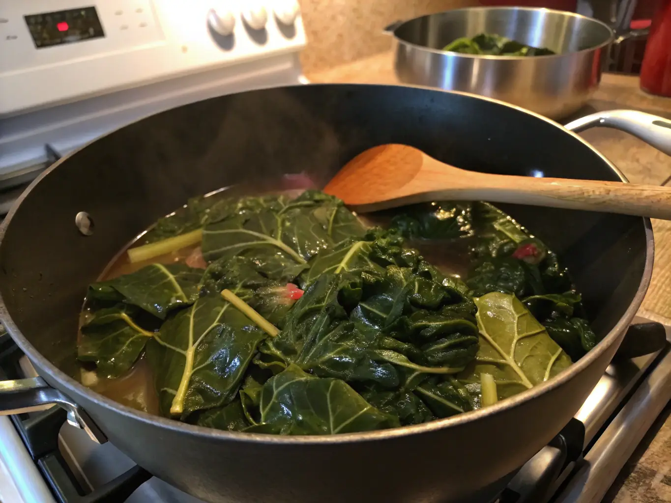 A vibrant image of Tasteful Soul Food's collard greens, simmered with smoked turkey and seasoned with a blend of spices, presented in a rustic bowl.