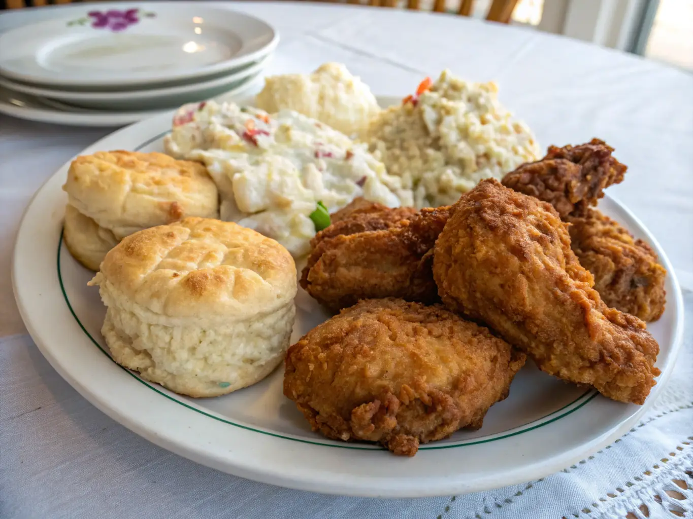 A close-up shot of Tasteful Soul Food's famous fried chicken, showcasing its crispy, golden-brown skin and juicy interior, served with a side of creamy mac and cheese.