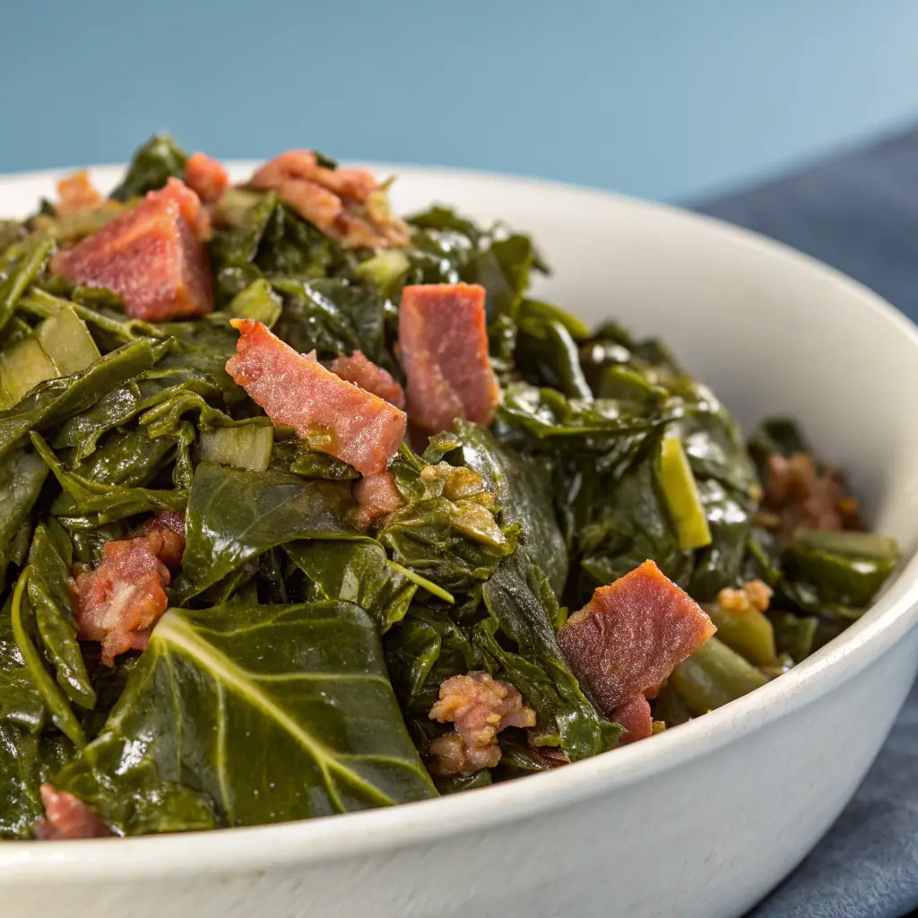 A bowl of steaming collard greens with visible pieces of smoked turkey, garnished with a sprinkle of red pepper flakes.