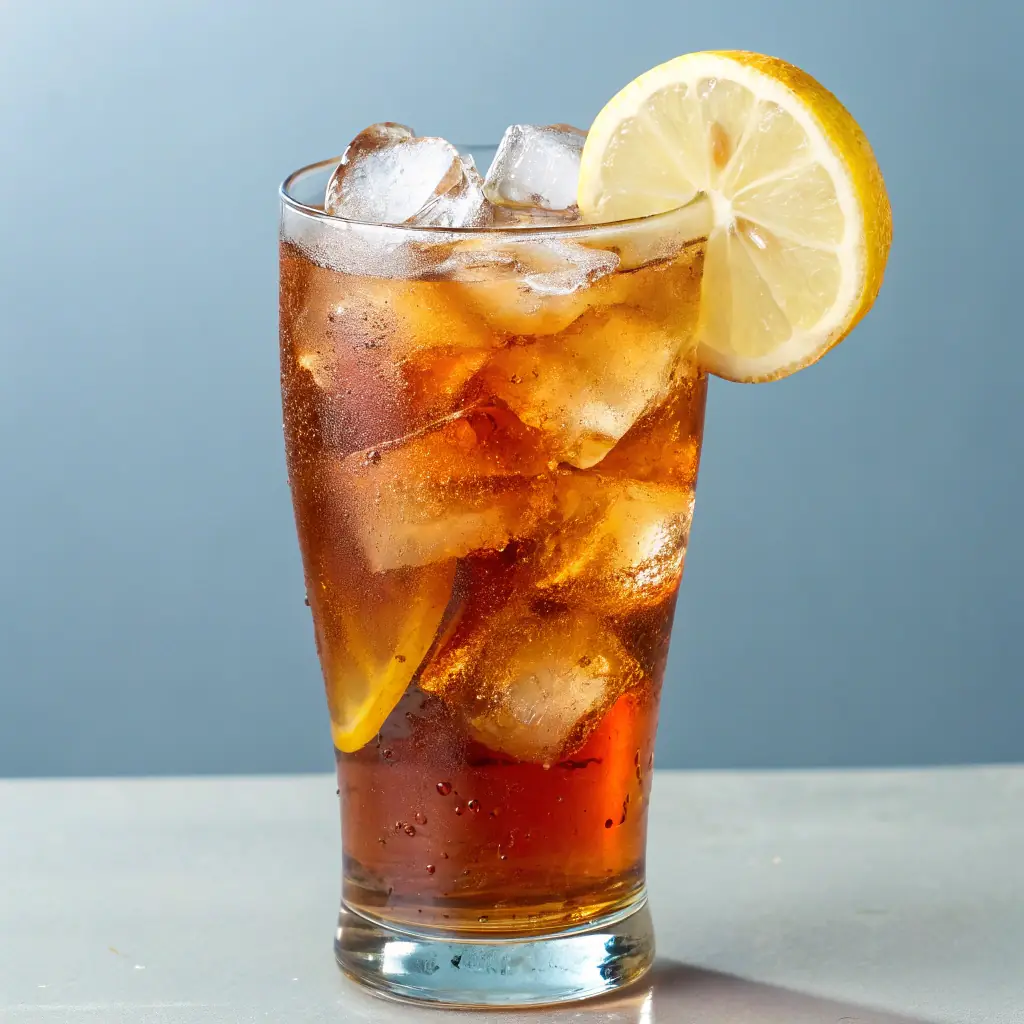 A refreshing glass of sweet tea with ice and a lemon wedge.