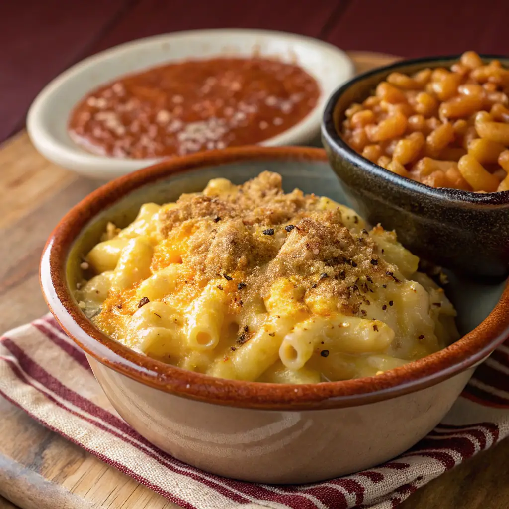 A creamy, cheesy bowl of homemade macaroni and cheese, baked until golden brown.