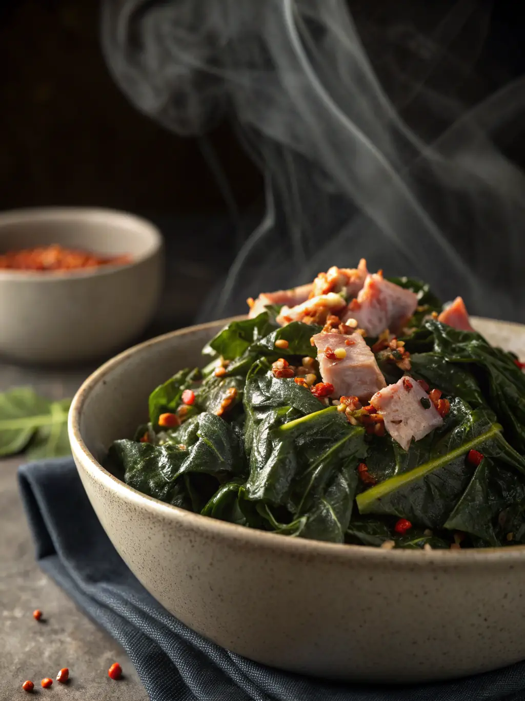 A vibrant bowl of collard greens, simmered with smoked turkey and seasoned to perfection, alongside a slice of sweet cornbread.