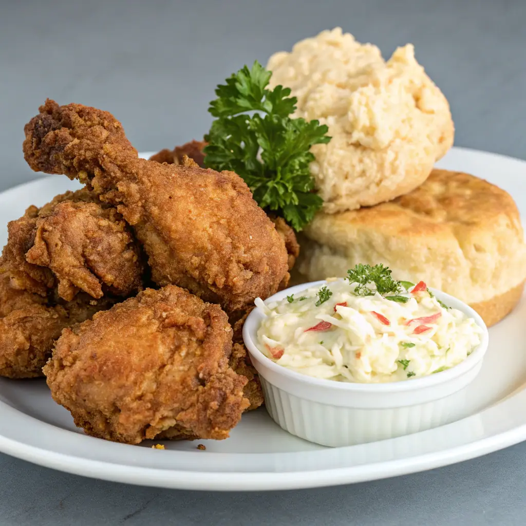 Fried chicken with collard greens and mac and cheese on a plate.